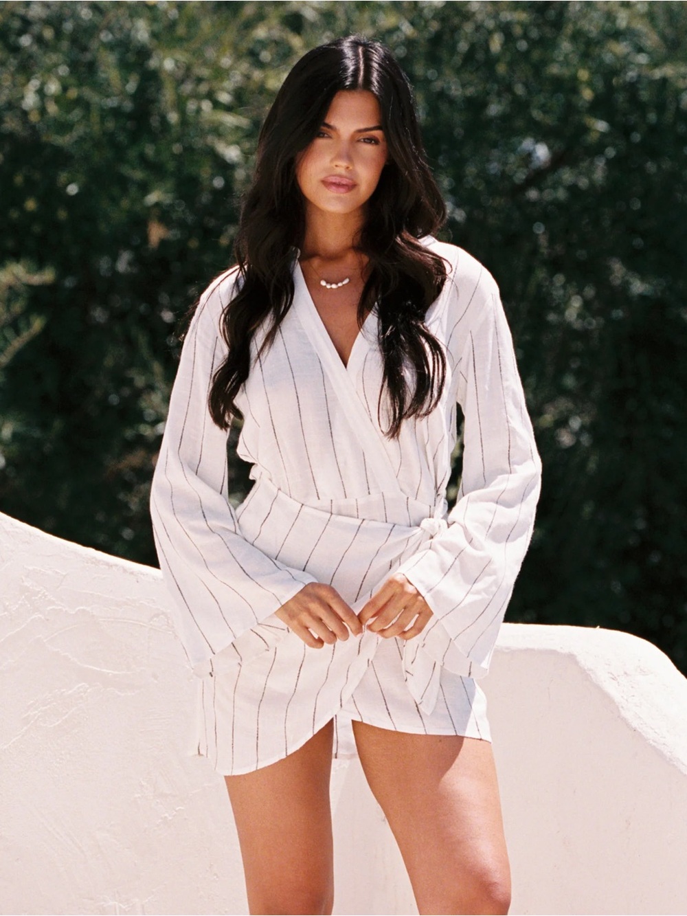 Las Palmas Wrap Dress with Tie - Cream with Taupe Stripes